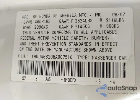 2008 Acura Tl из США, поврежденный, VIN 19UUA66208A07516